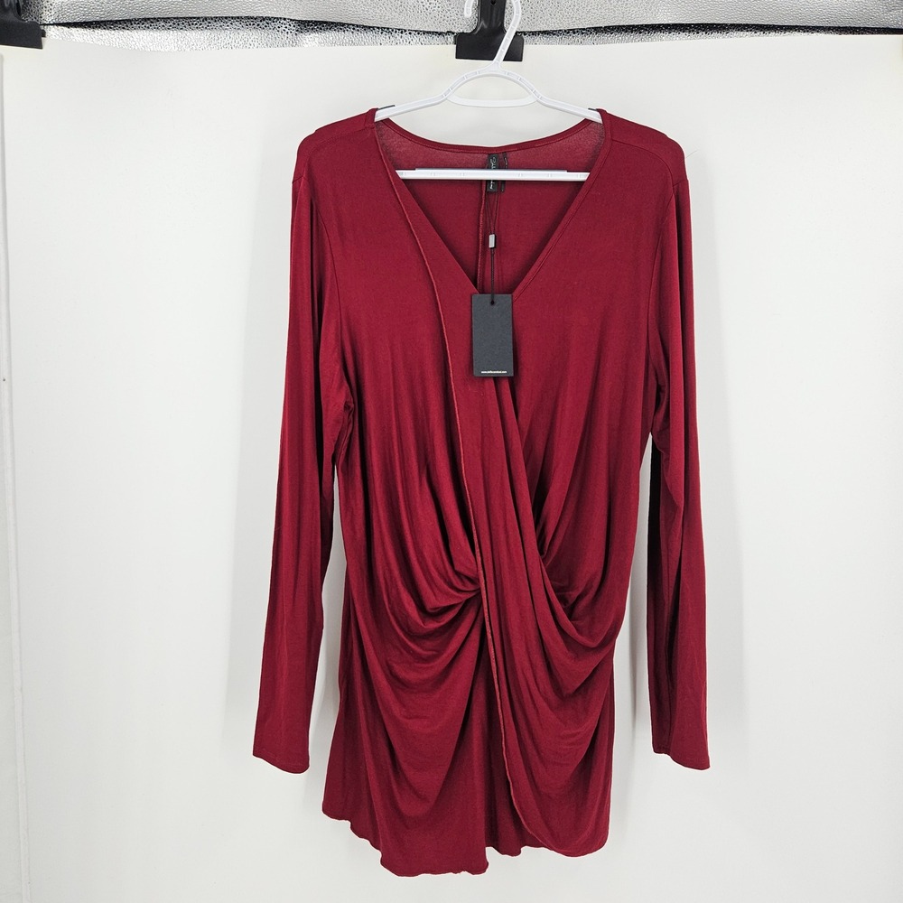 Stella Carakasi Draped Wrap Tunic Top Maroon V Neck Long Sleeve Stretch NWT Sz L